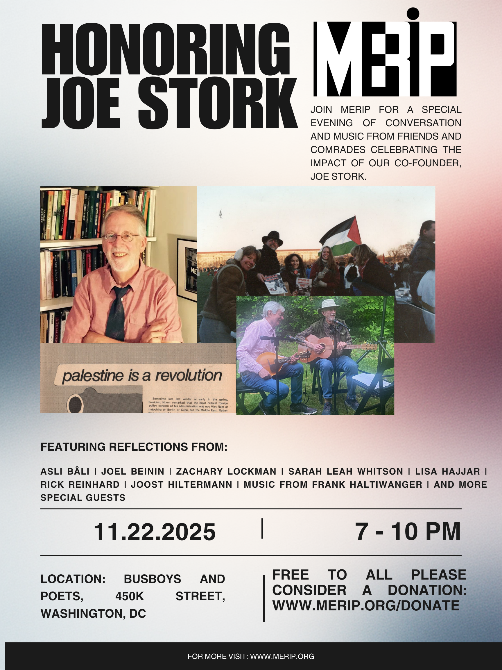 Event poster, Honoring Joe Stork. 11.22.25, 7-10PM, Busboys and Poets 450K Street Washington, DC